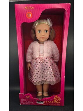 Our Generation Millie 18-Inch Doll Blonde Hair Pink Dress Faux Fur Jacket